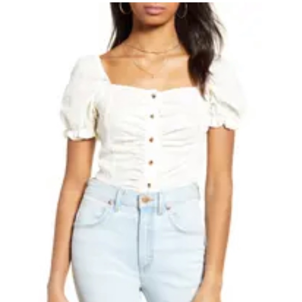 BP.Swiss Dot Rouched Puff Sleeve Top size S Ivory
